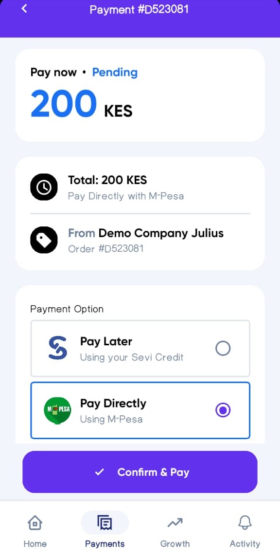 Buyer Order Pay Screen with M-Pesa