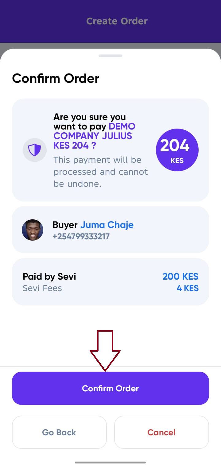 Order Details Modal request payment option 1 final screen
