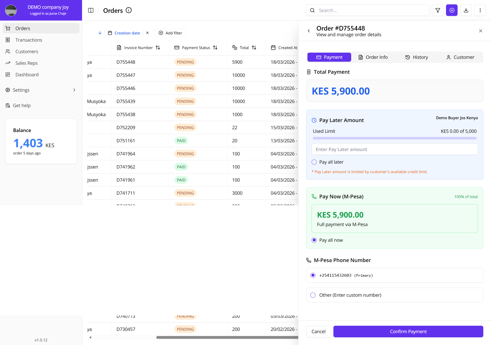 Orders Page Mpesa Prompt