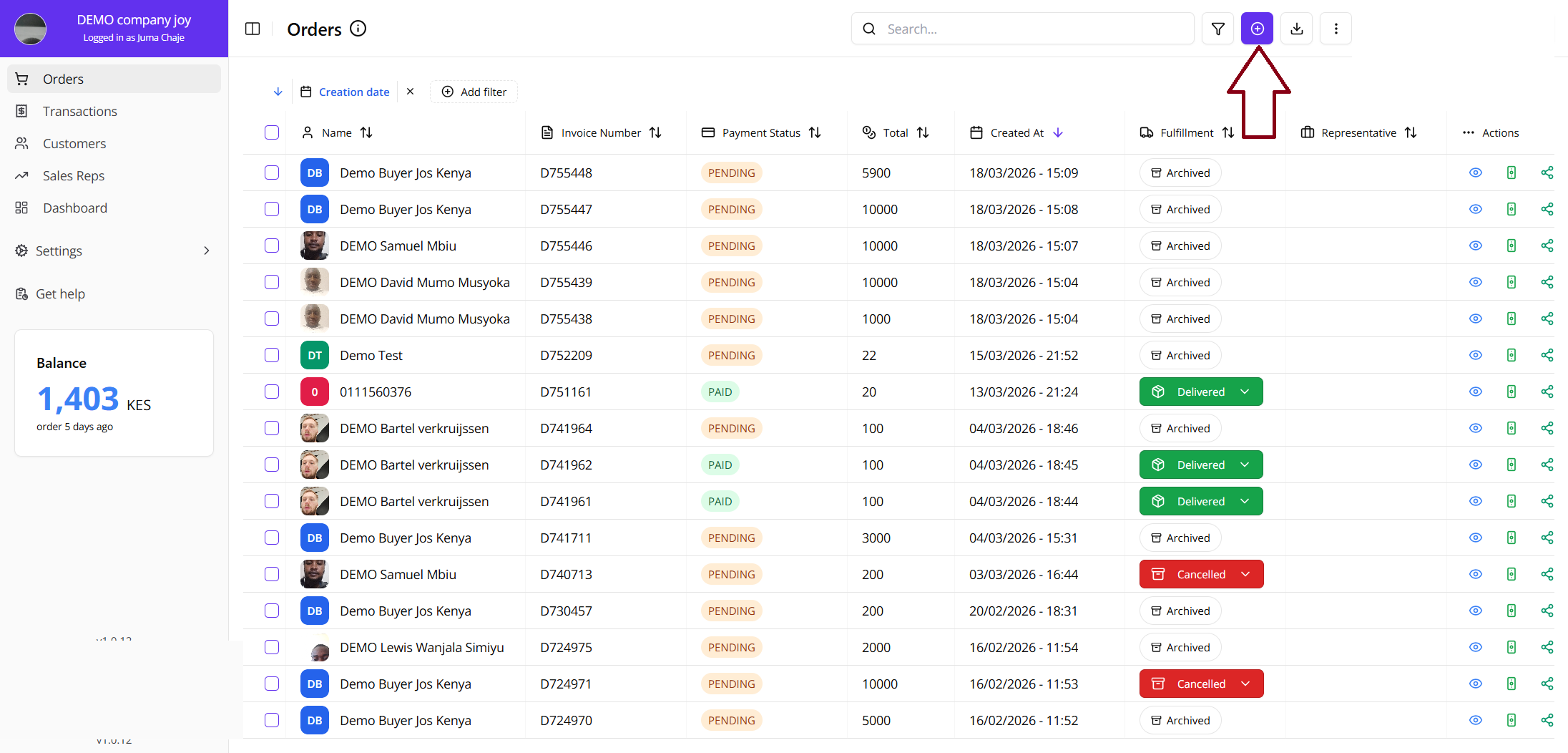 Orders Page Overview with add payment button