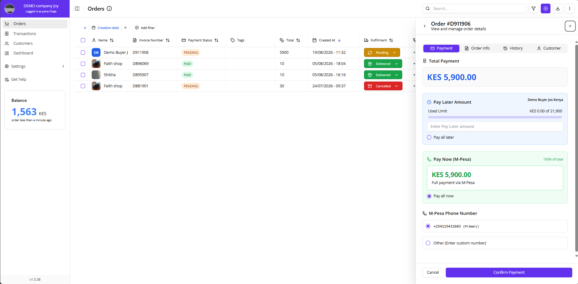 Orders Page Mpesa Prompt