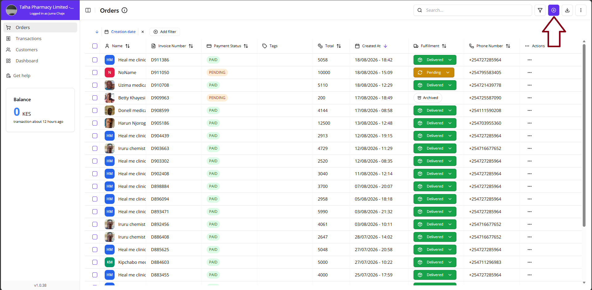 Orders Page Overview with add payment button