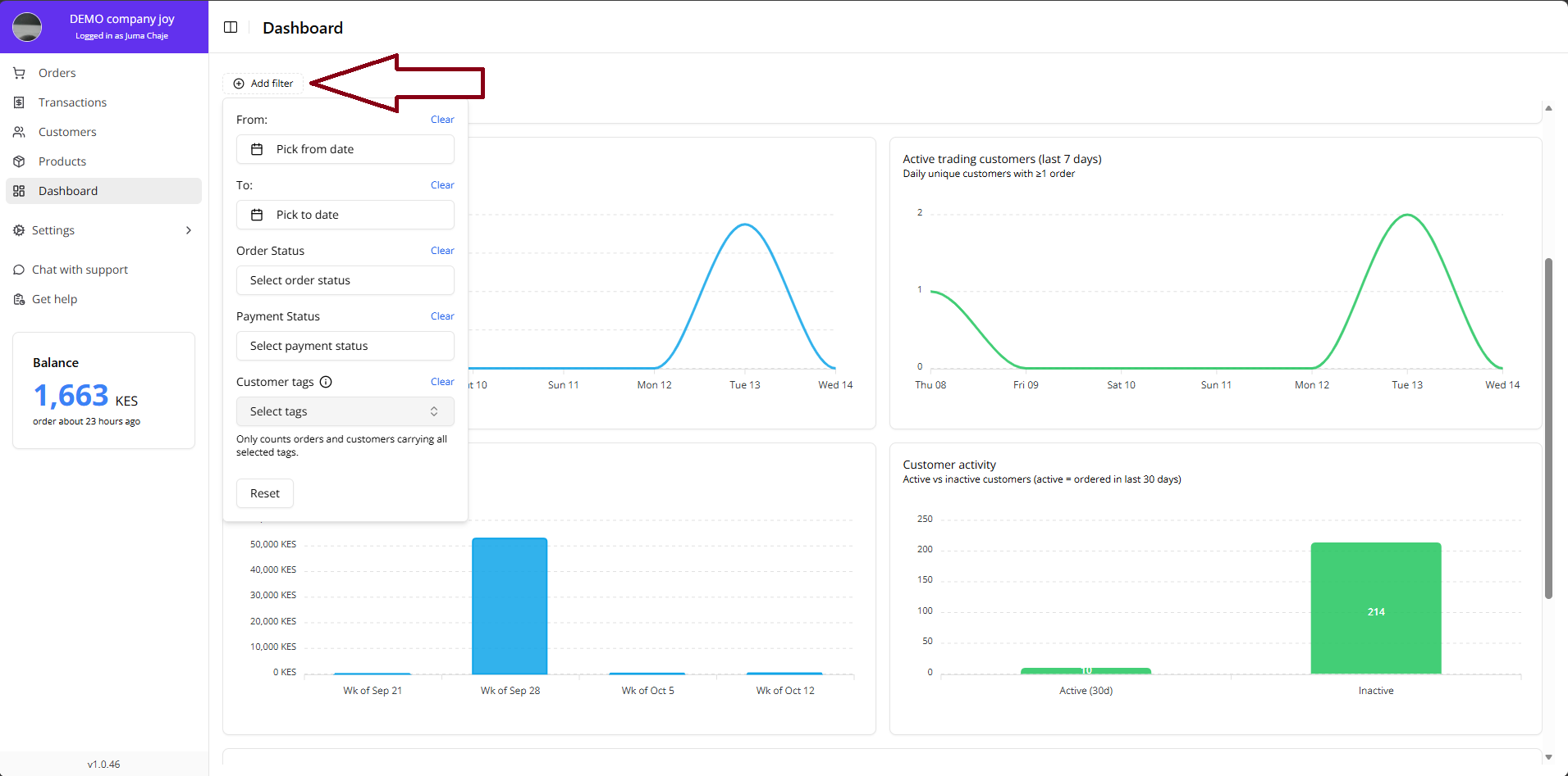 Seller Admin Dashboard Add Filter Screen