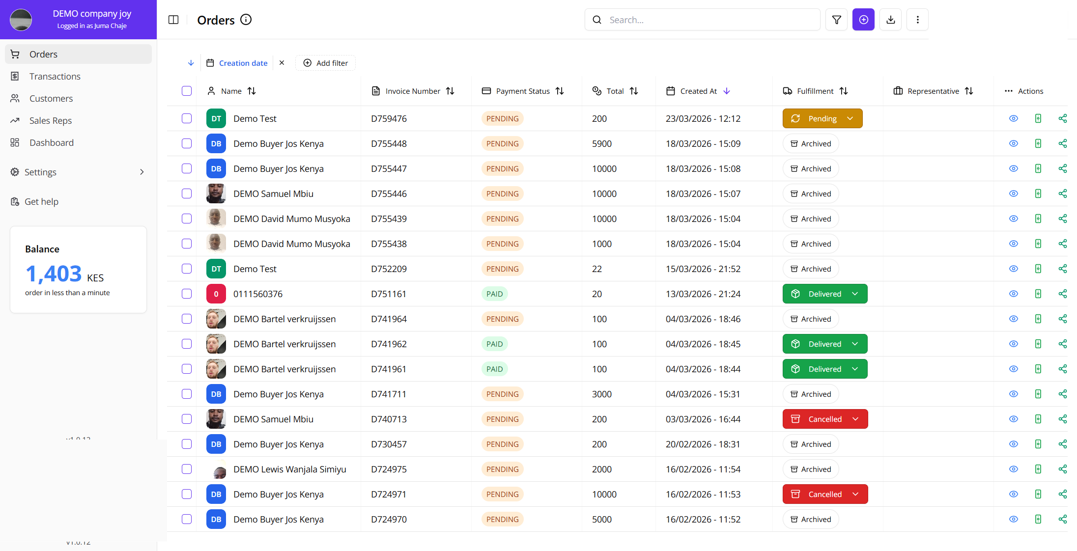 Orders Page Overview with the pending