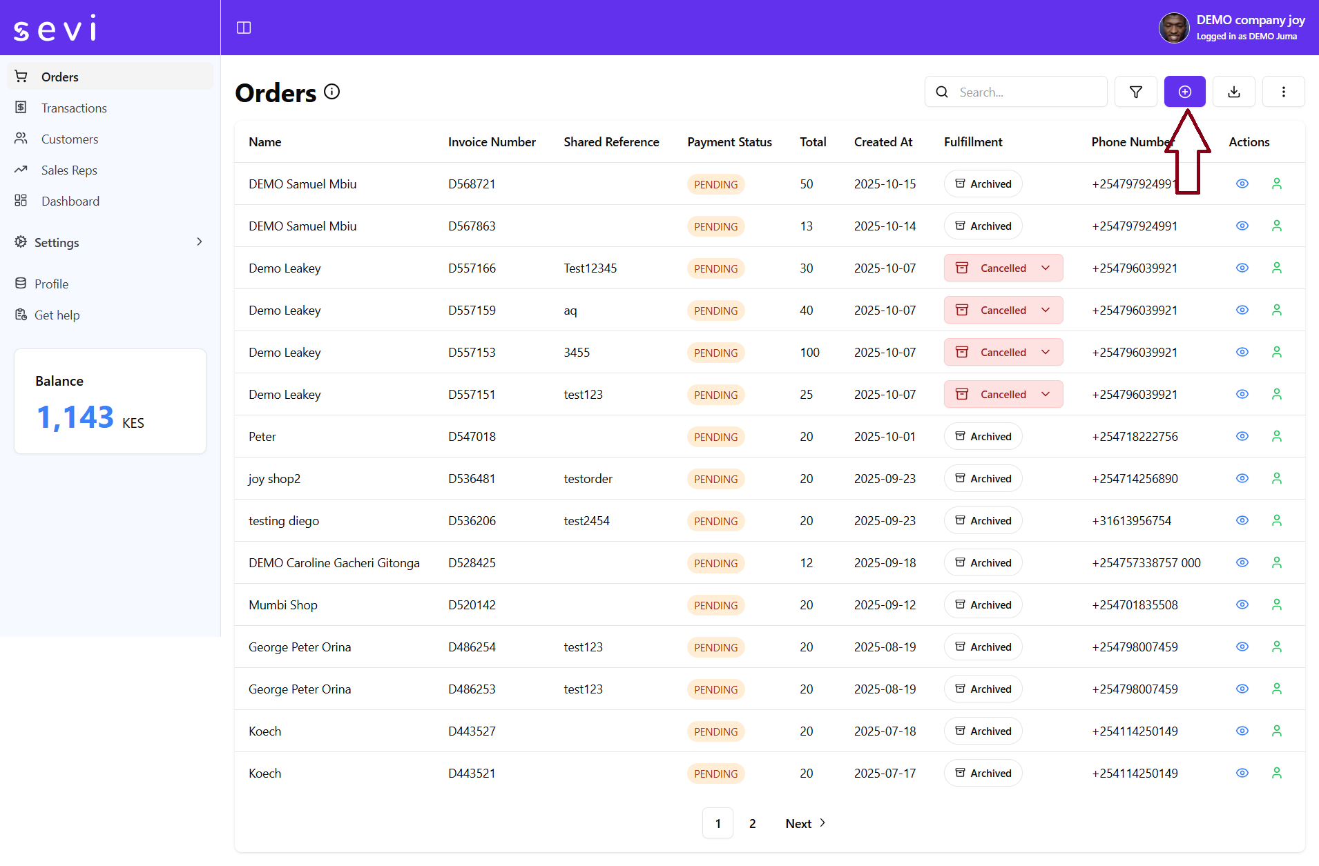 Orders Page Overview with add payment button