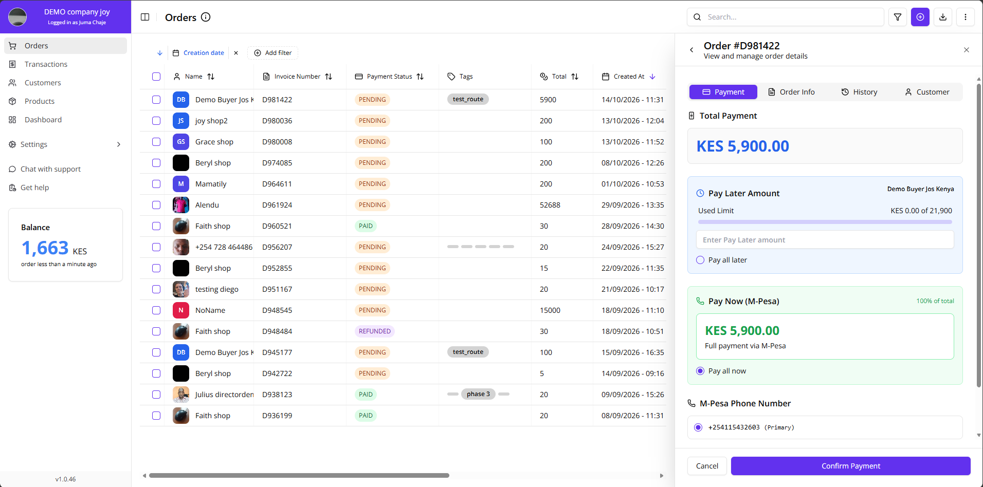 Orders Page Mpesa Prompt