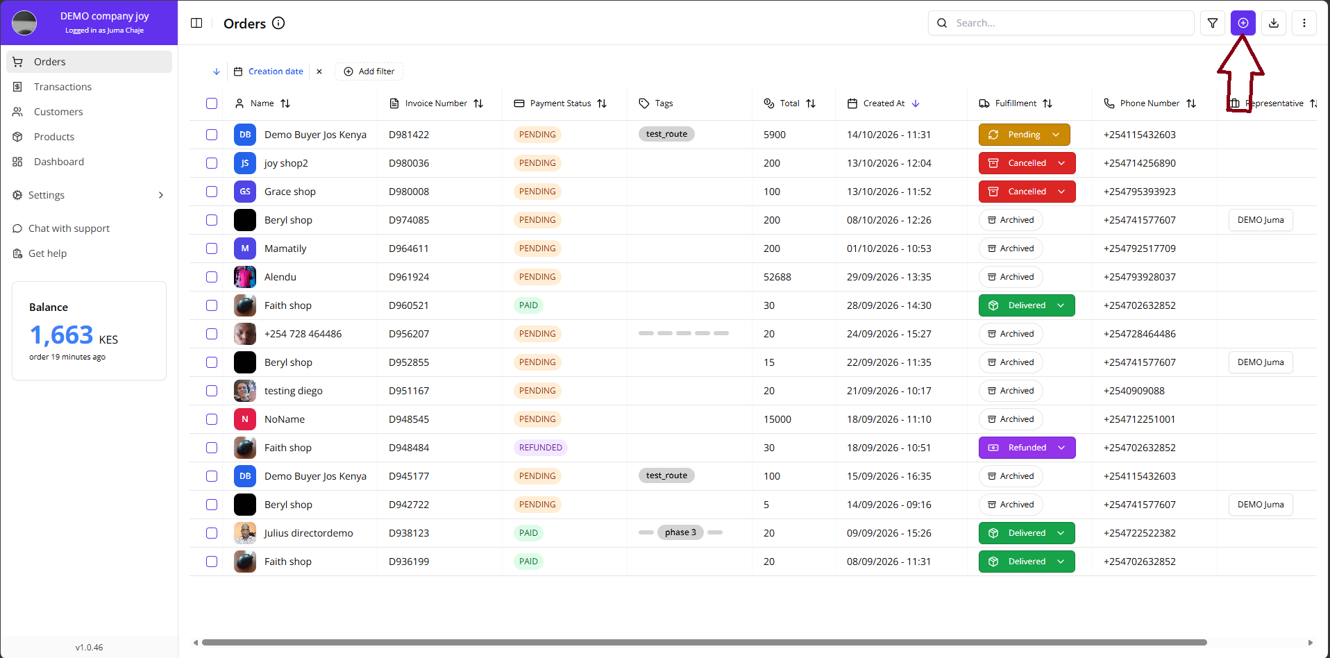 Orders Page Overview with add payment button