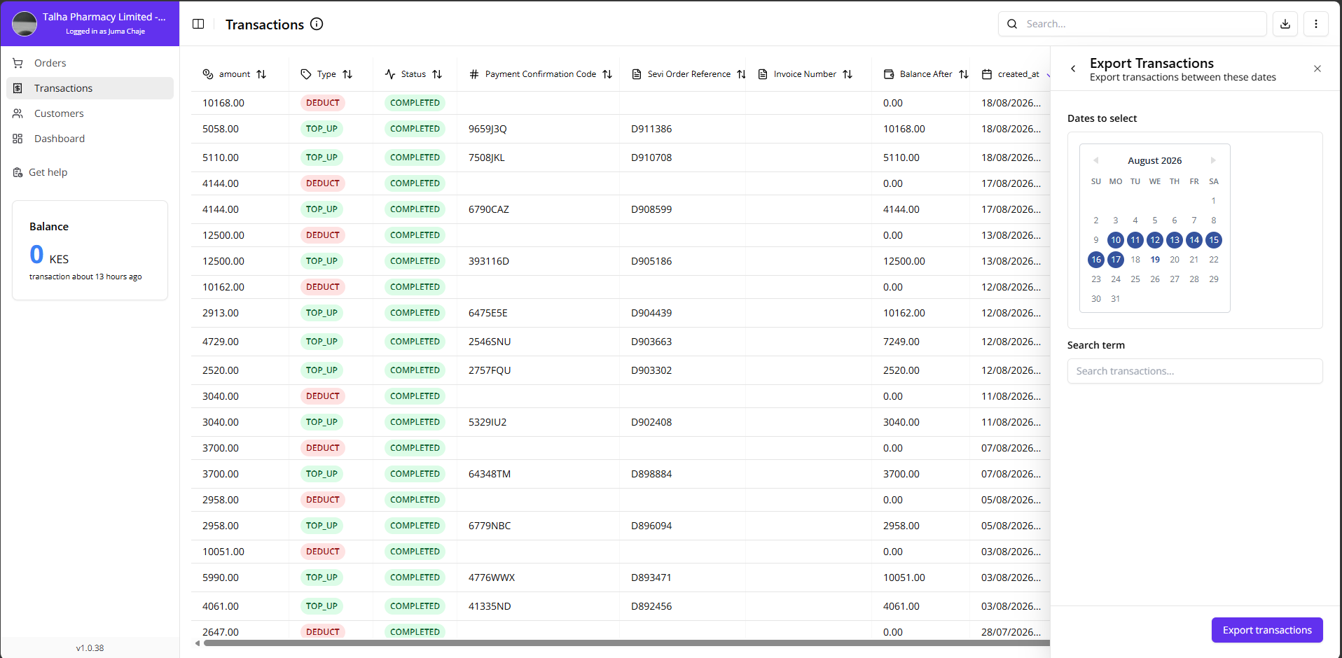 Admin Portal Export Transactions Overview