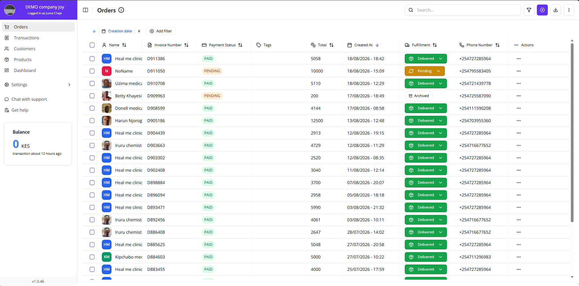 Orders Page Overview with the pending