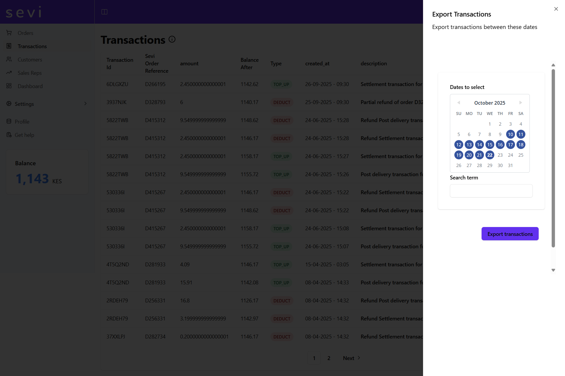 Admin Portal Export Transactions Overview