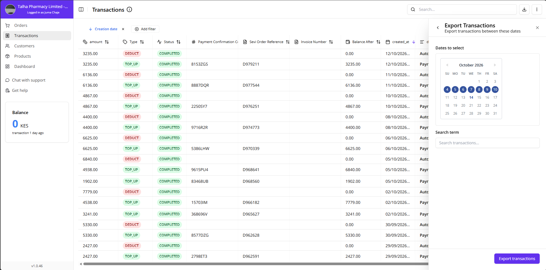 Admin Portal Export Transactions Overview