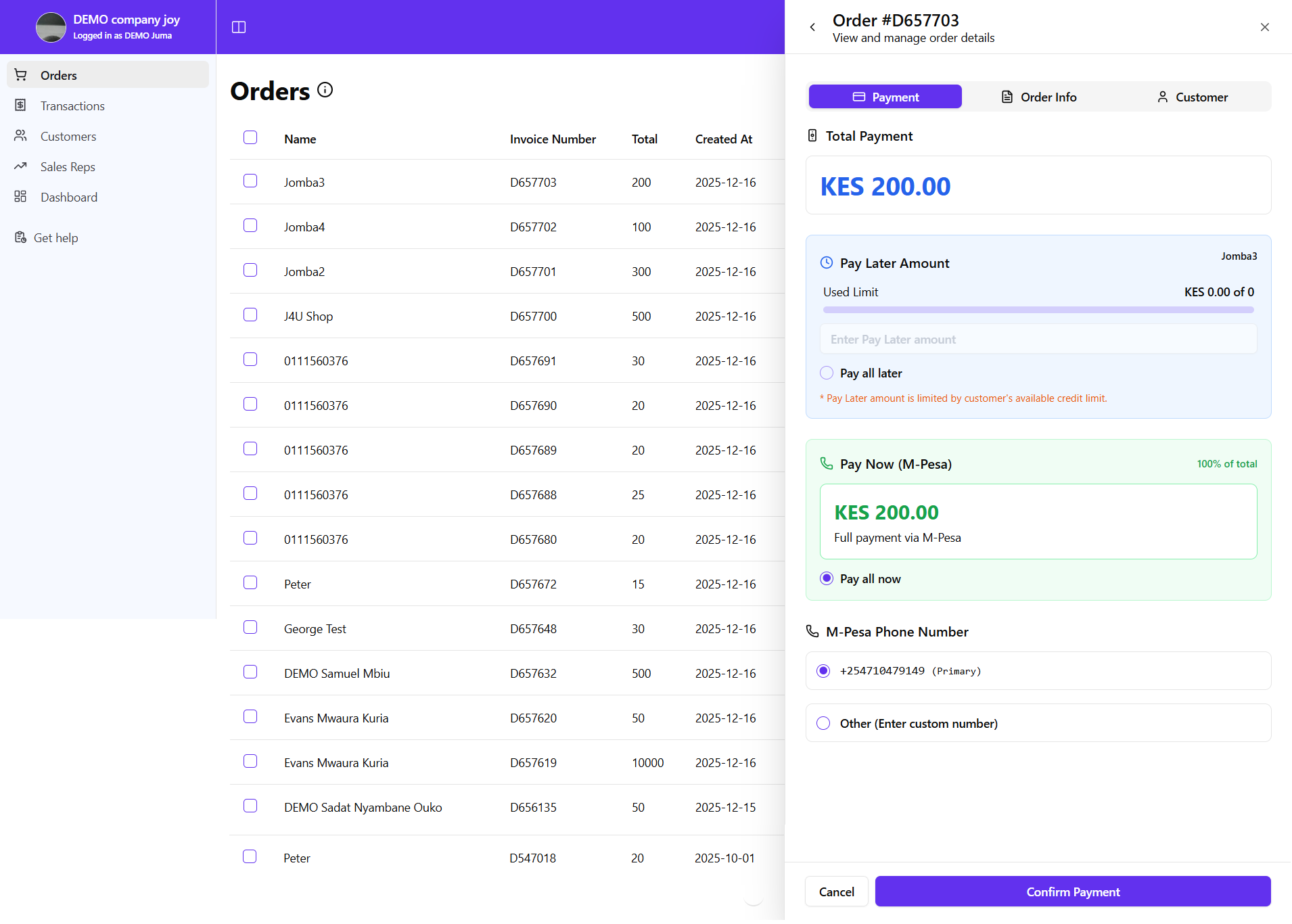 Orders Page Mpesa Prompt