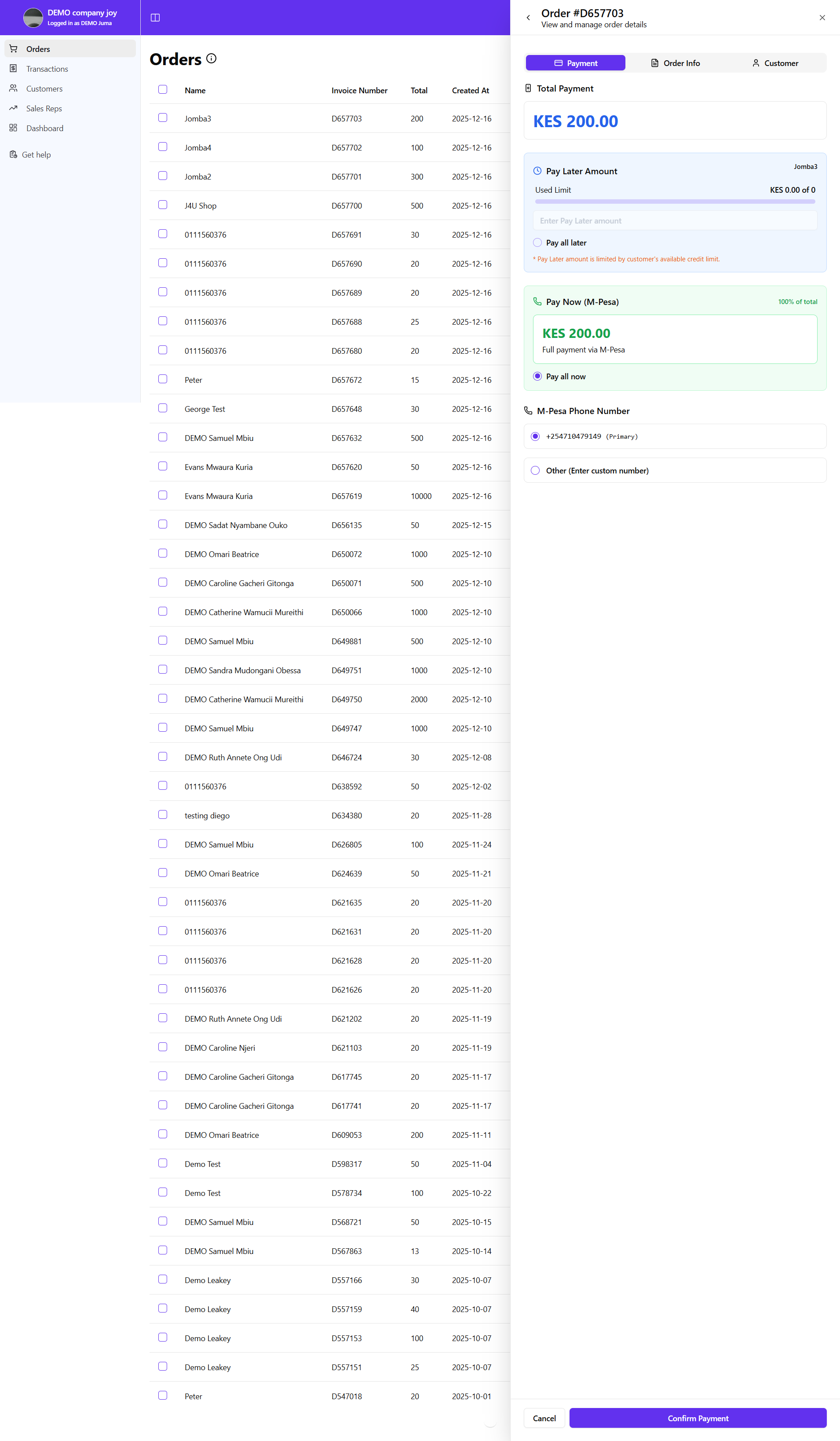Orders Page Mpesa Prompt