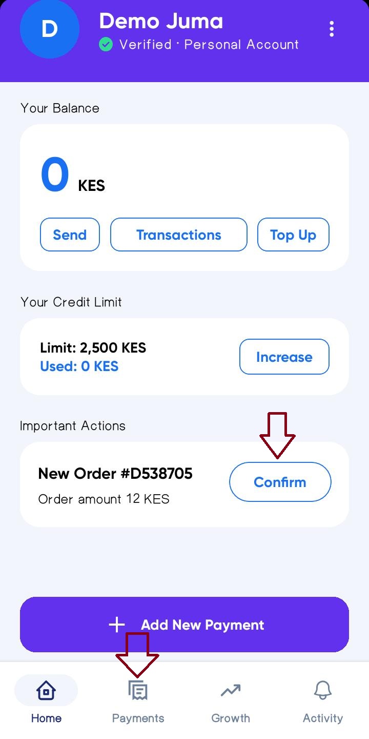 Payment Request Notification on dashboard