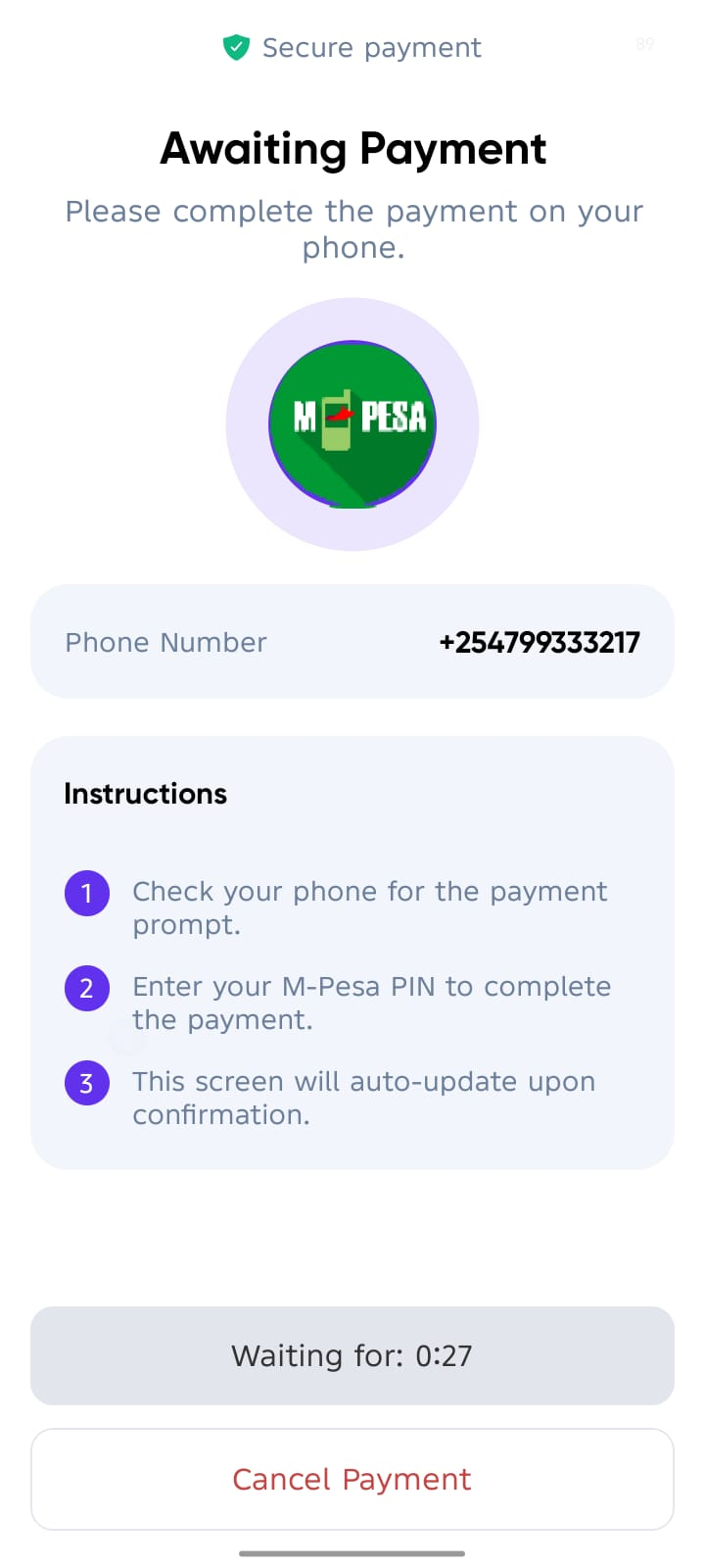 M-Pesa STK push confirmation screen