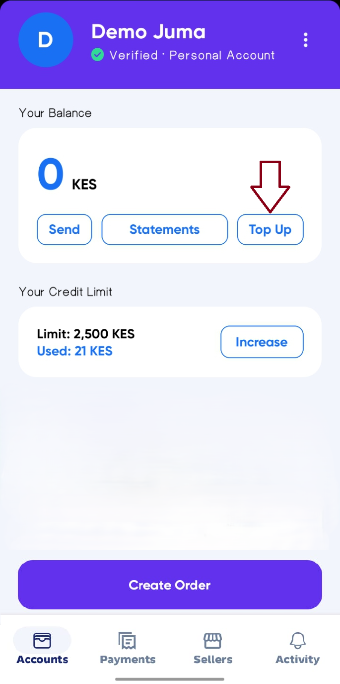 Top-Up Button Accounts screen