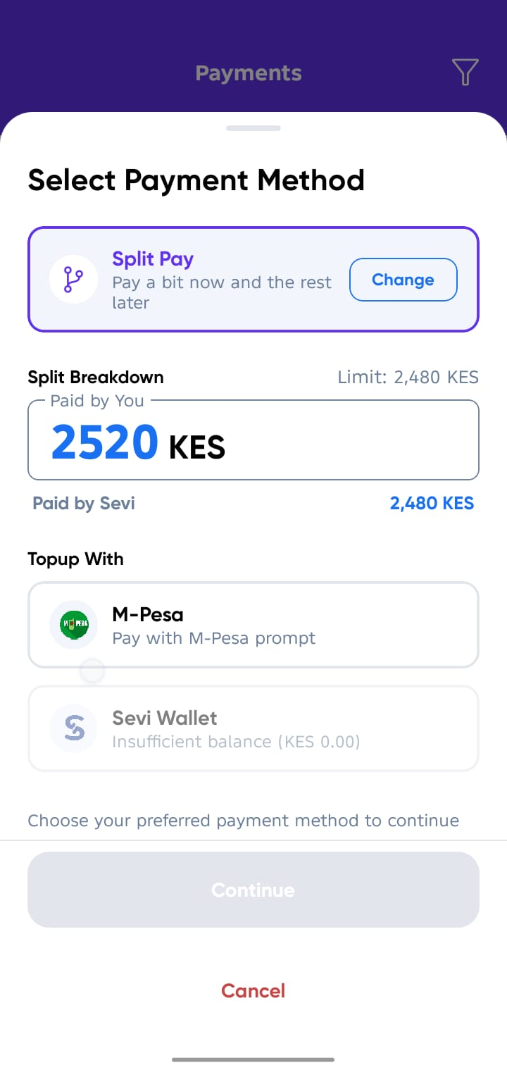 Split pay amount selection screen