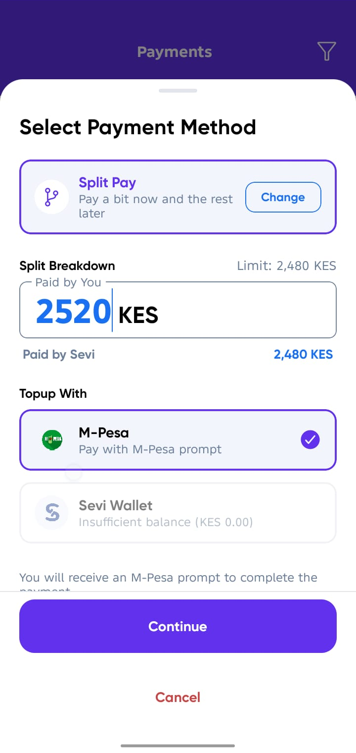 Split pay M-Pesa payment initiation screen