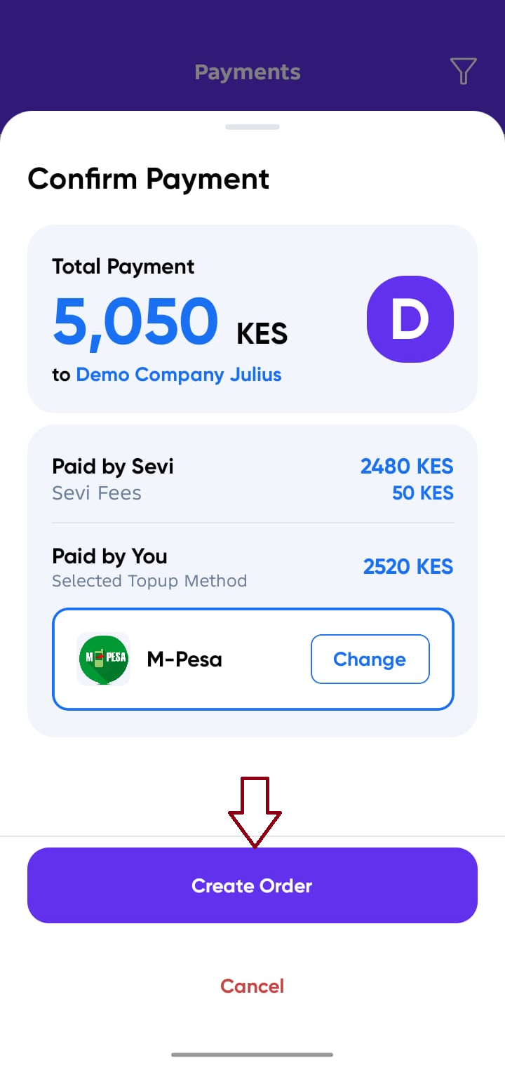Split pay confirmation screen