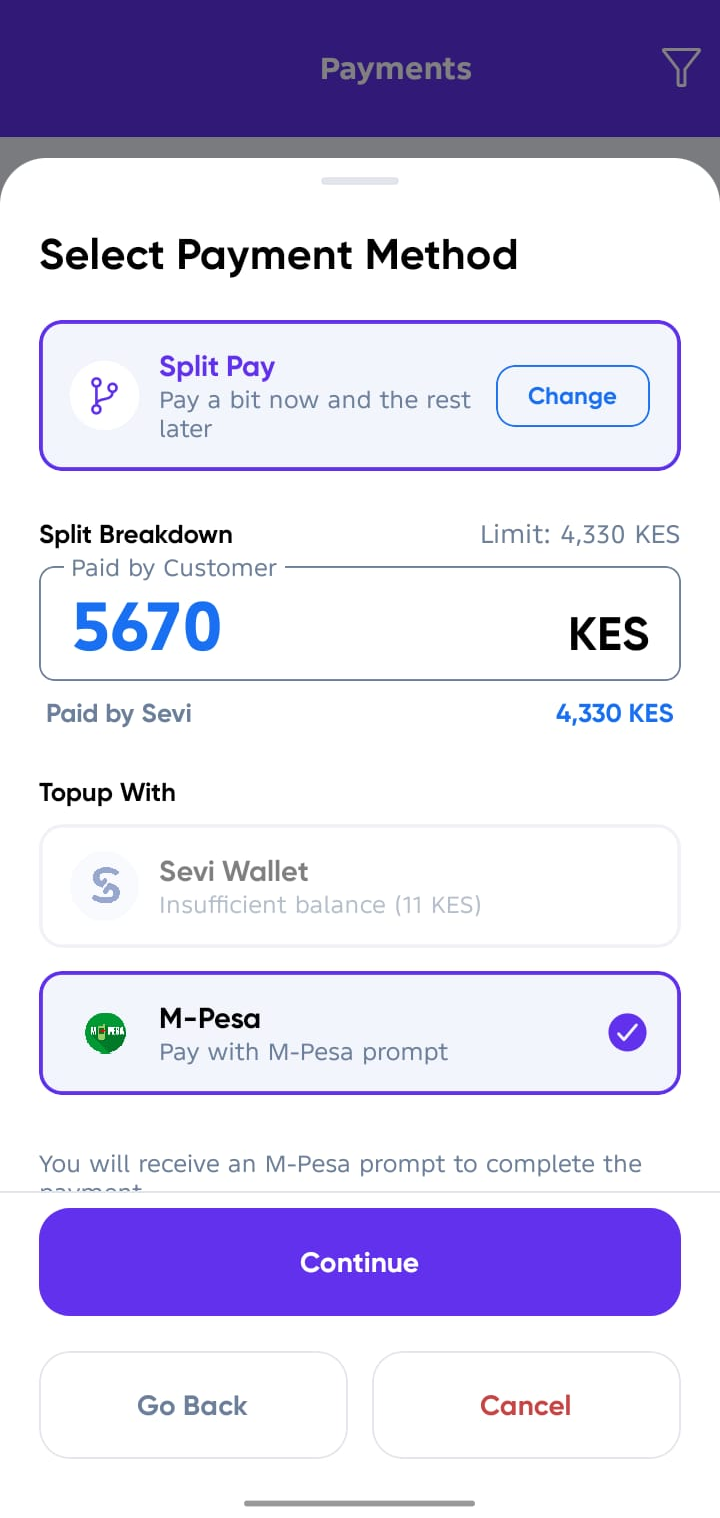 Confirm Payment Screen Split pay option 2