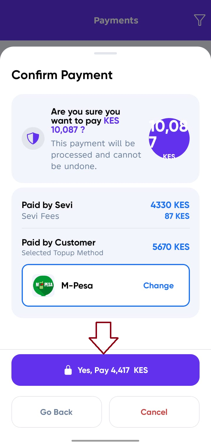 Confirm Payment Screen Split pay option 2 final screen