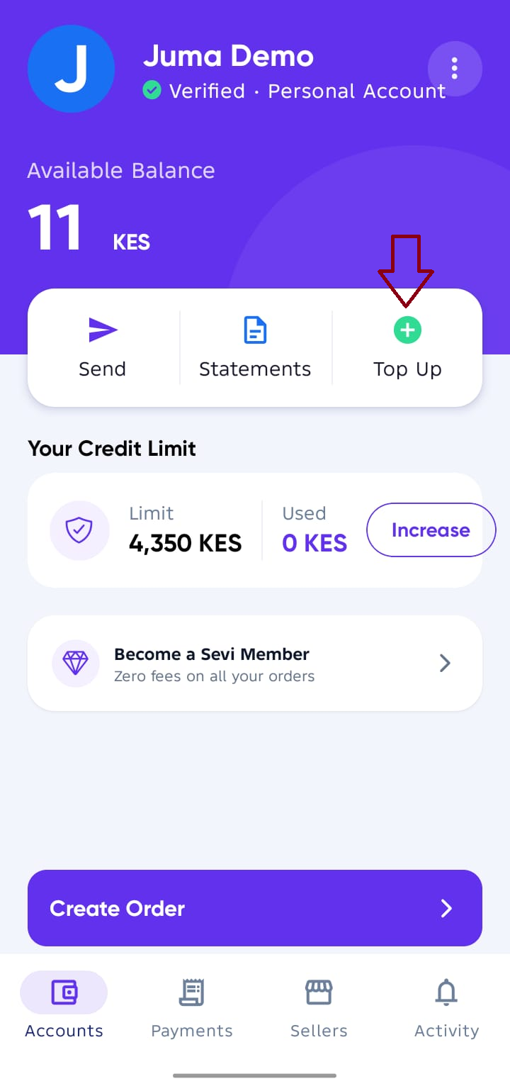 Top-Up Button Accounts screen