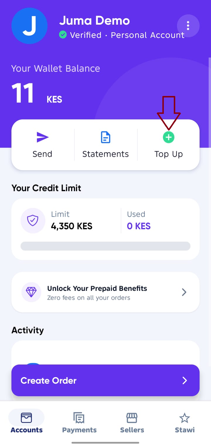 Top-Up Button Accounts screen