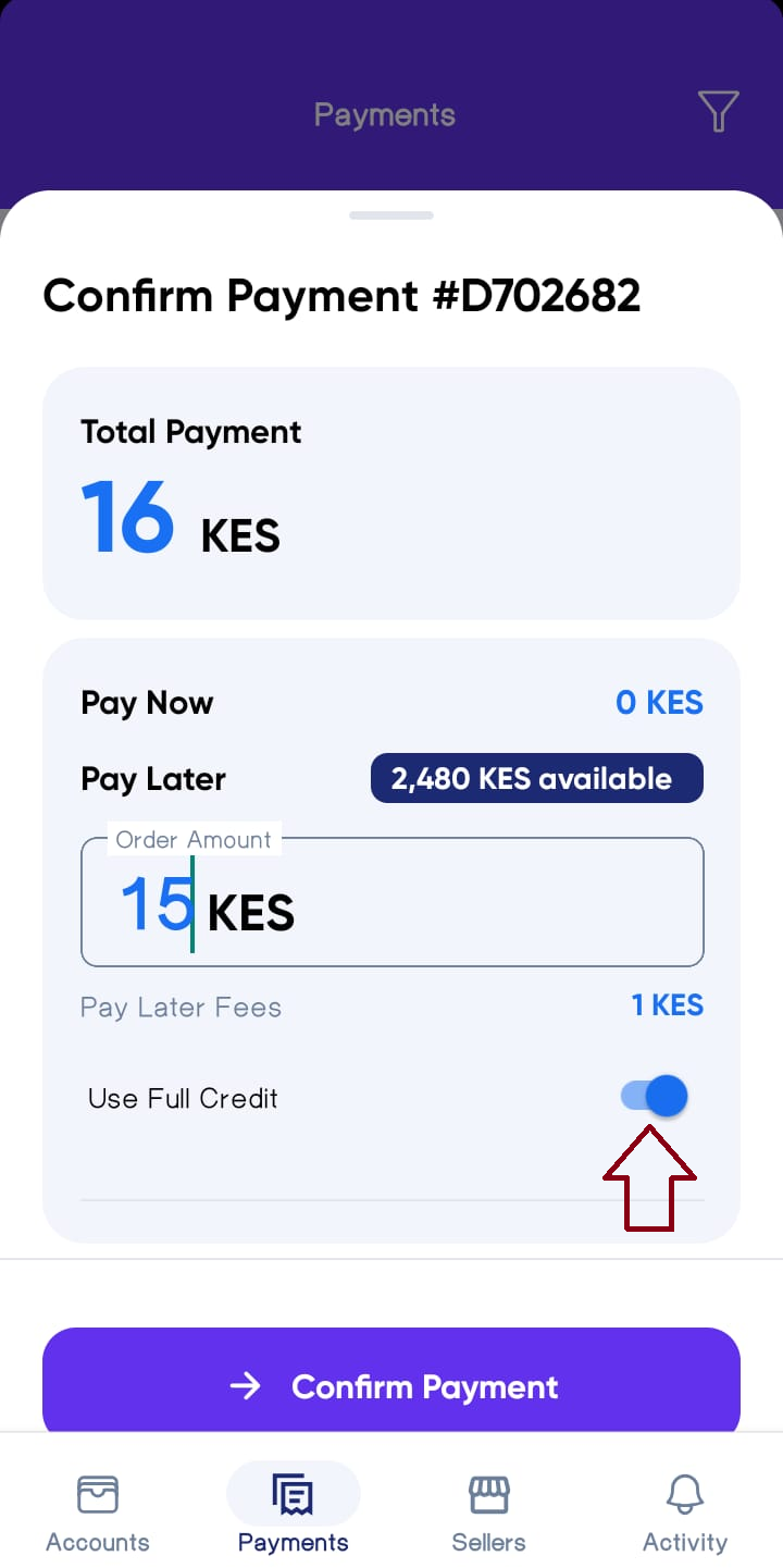 Confirm Payment Screen Full Credit option 1