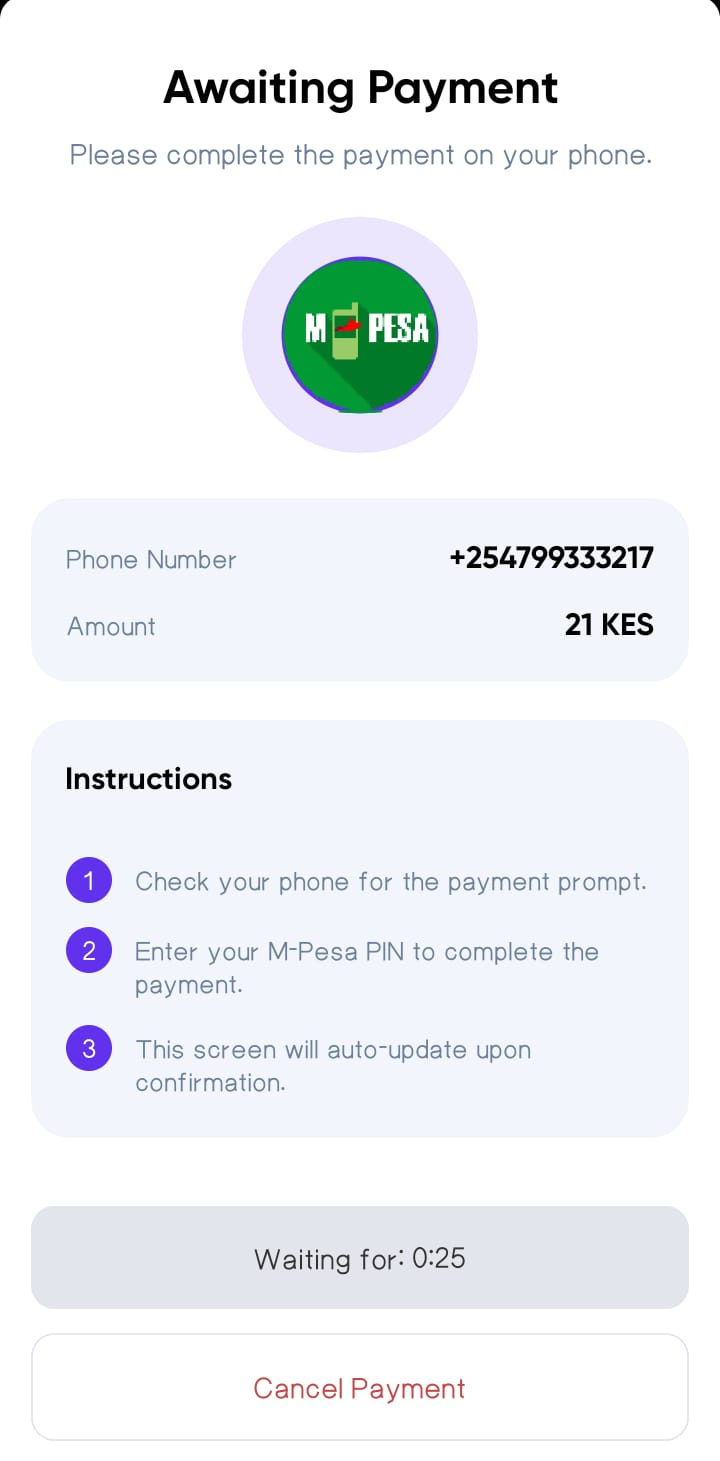 Clear Payment Mpesa Prompt Screen
