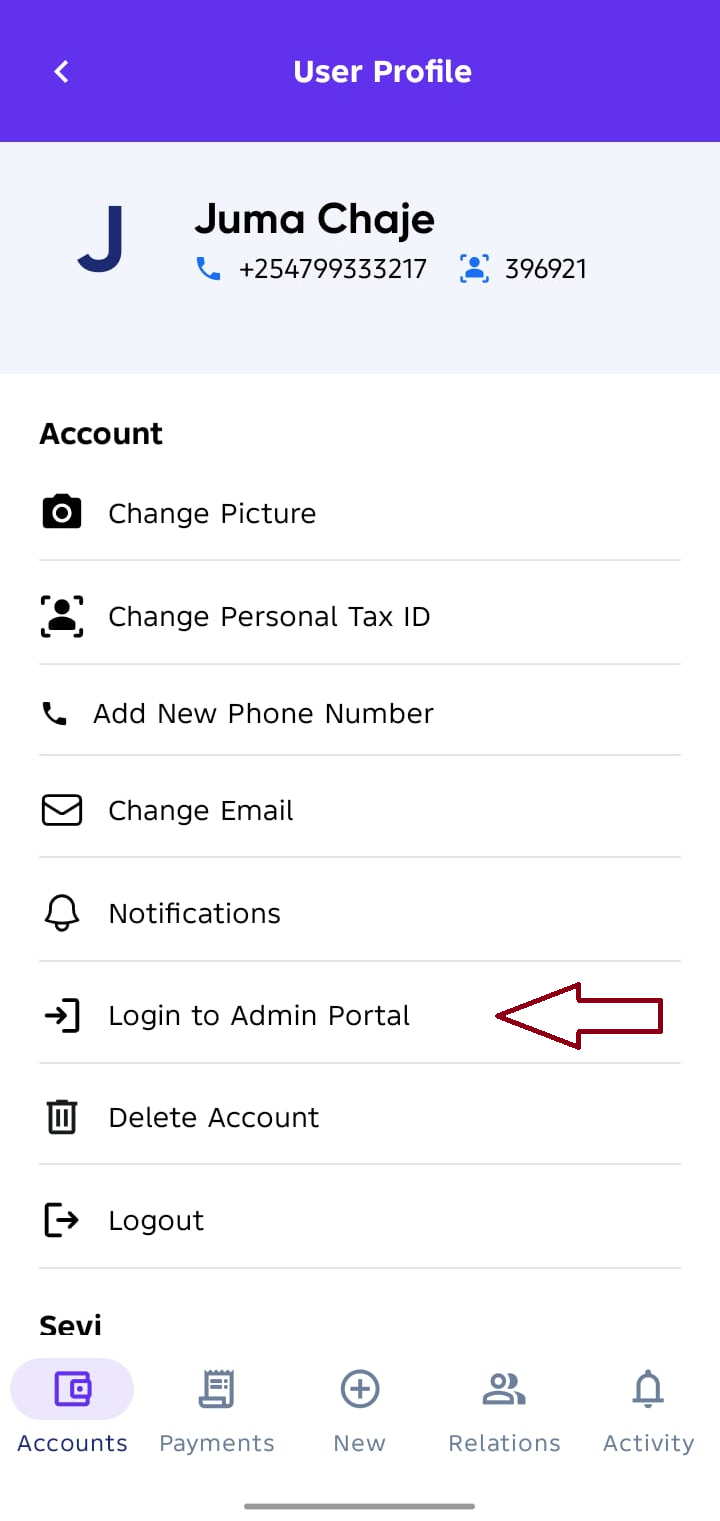 Login to admin portal from Sevi app