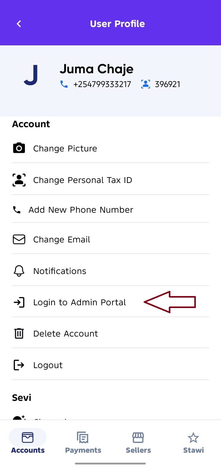 Login to admin portal from Sevi app