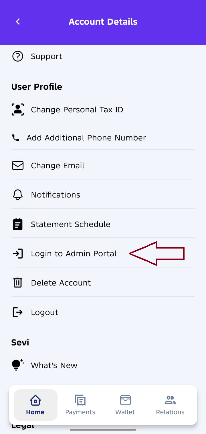 Login to admin portal from Sevi app